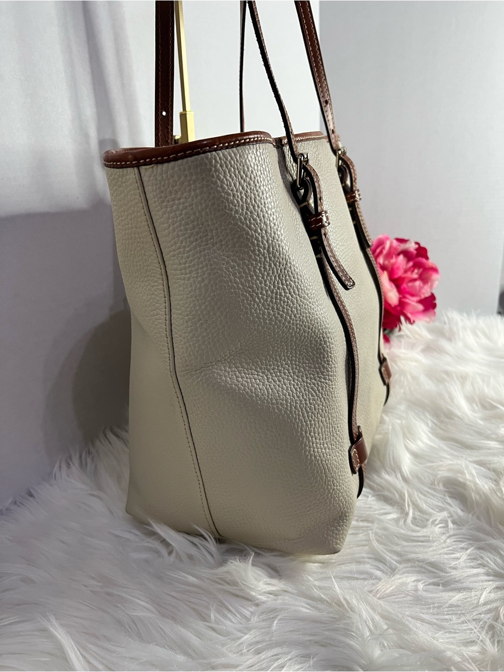 Dooney & Bourke Cream East/West Tote with Brown Trim - Picture 6 of 8